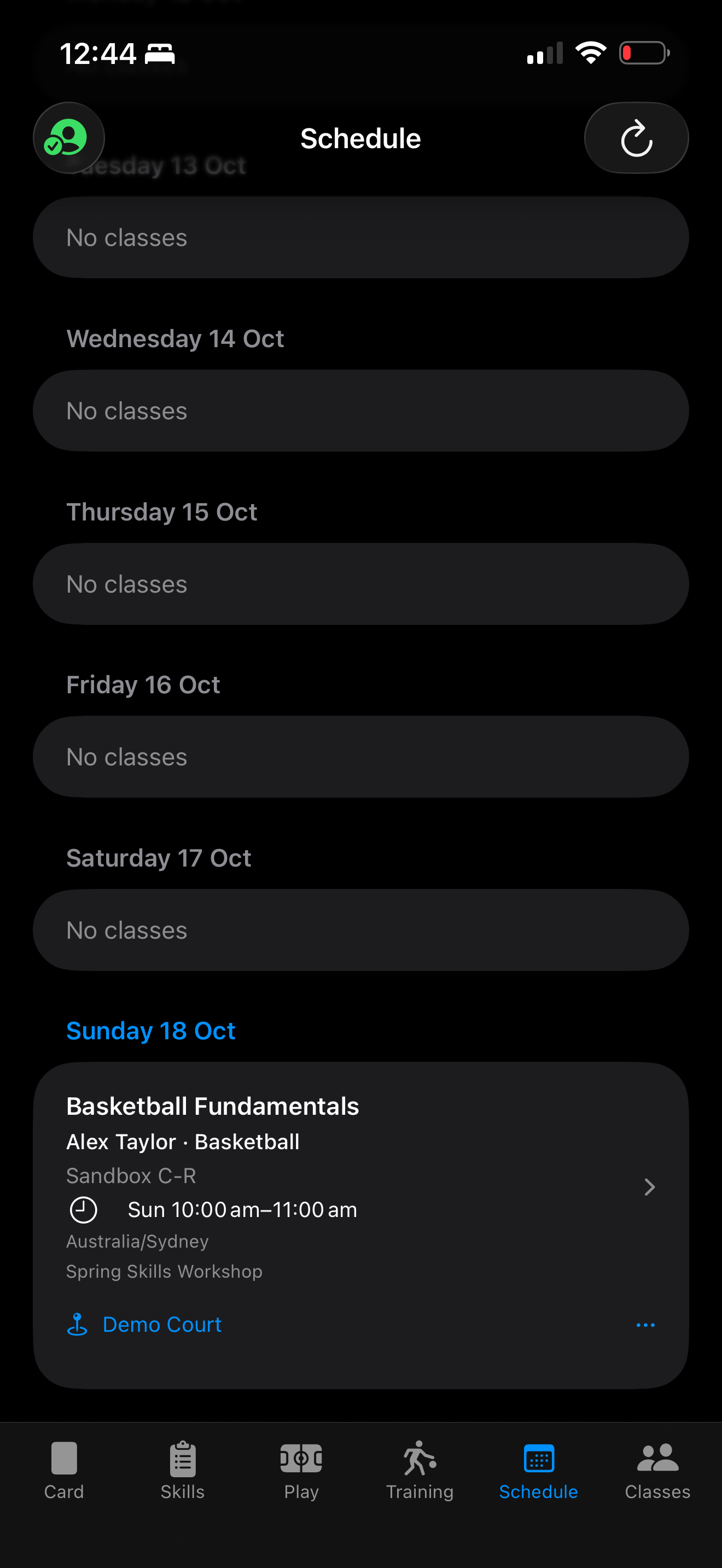 Player Schedule showing the Sunday Basketball Fundamentals class.